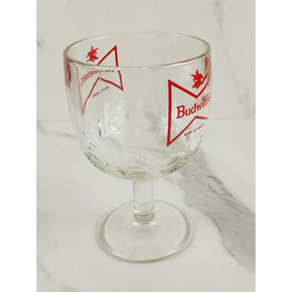 Budweiser Thumbprint Beer Goblet Glass 16oz Chalice Cup Red Logo 6" Vintage - Picture 4 of 14